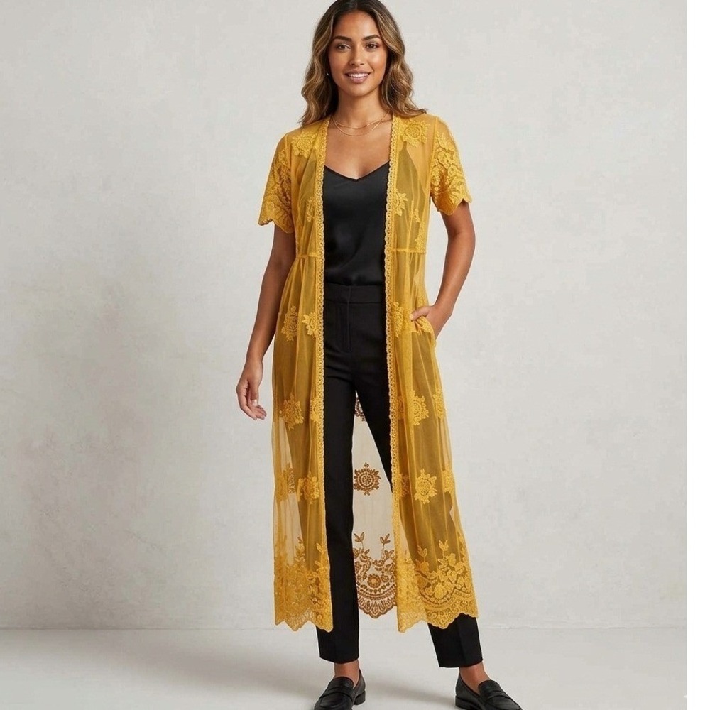 Aqua Yellow Lace Trim Mesh Cover up Dress Small NWT